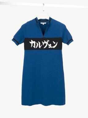 Carven SS15 Blue Cotton-Knit Flocked-Logo Mini Dress